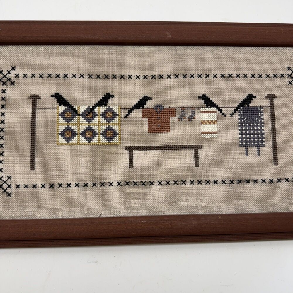 Crows On Clothesline Framed Cross Stitch Completed 16”x8.5” Framed Art - Picture 4 of 9